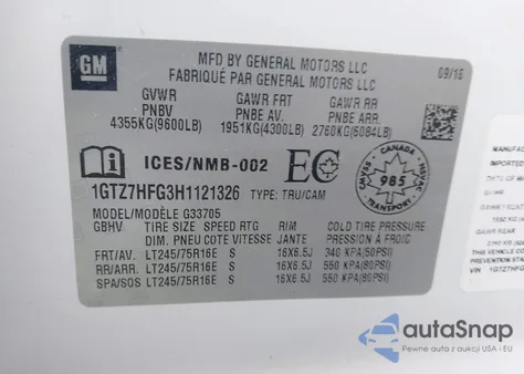 2017 GMC Savana 3500 Work Van z USA, uszkodzony, nr VIN 1GTZ7HFG3H1121326